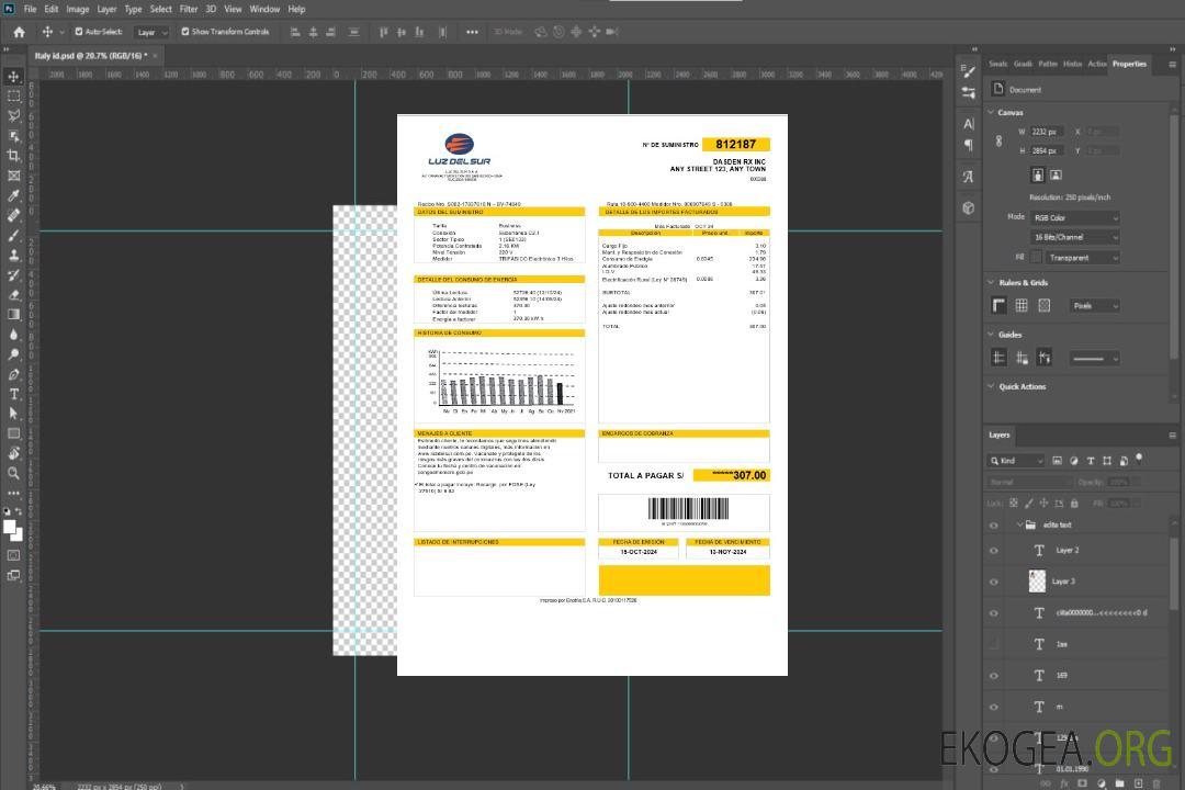Modèle de facture de services publics d'entreprise Pérou Luz de Sur aux formats Word et PDF, entièrement modifiable template